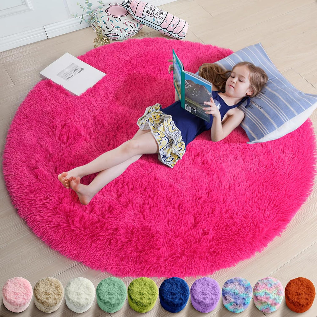 Hot Pink round Rugs 5Ft for Girls Bedroom, Fluffy Circle Area Rug for Kids Room Decor Aesthetic, Shag Plush Fuzzy Furry Carpet for Living Room, Nursery, Dorm, Classroom, Teen, Cute Princess Baby Rug