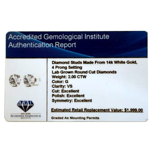 2.00 CTW AGI Certified Lab-Grown Diamond Stud Earrings in Solid 14K Gold - G Color, VS Clarity
