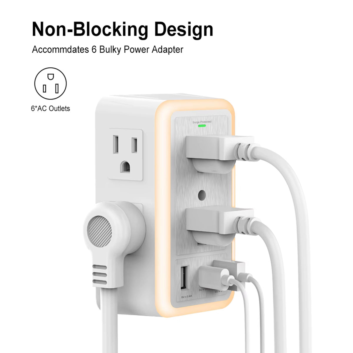 6-Outlet USB Wall Charger Extender – Surge Protected with USB-C, 3 USB Ports & Built-In Night Light